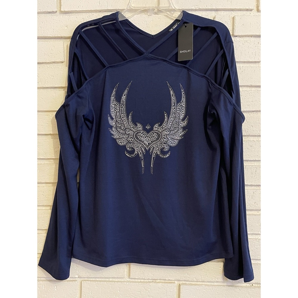 New Sheilay Cold Shoulder‎ Top Blue Sparkle WIngs Long Sleeves  NWT Sz XL